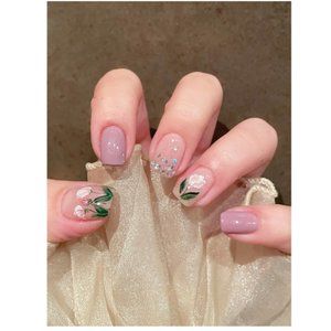 3/30 24pcs Flower Print Fake Nail & 1sheet Tape & 1pc Nail File